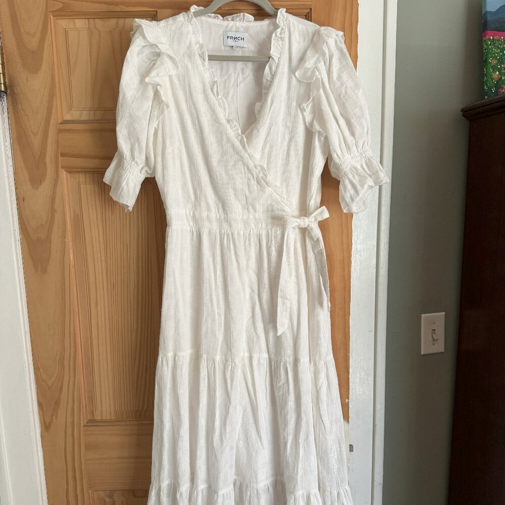 FRNCH Paris white lightweight peasant dress with ruffles and bow medium